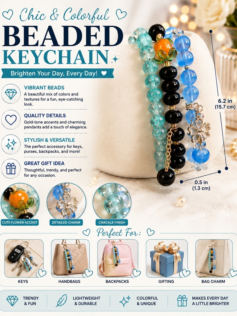 3 Chic Beaded Keychain Bracelet - Blue, Teal & Black